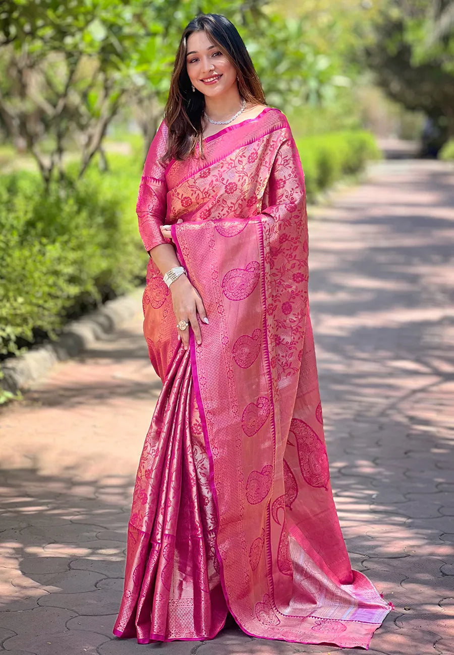 Pink Kanjeevaram Style Polyester Saree | Indian Sari