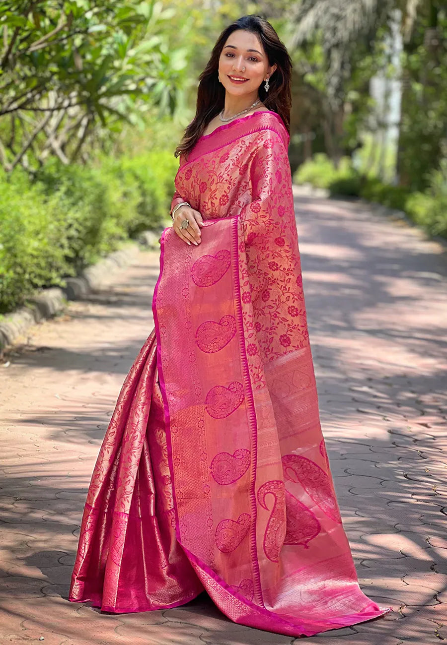 Pink Kanjeevaram Style Polyester Saree | Indian Sari