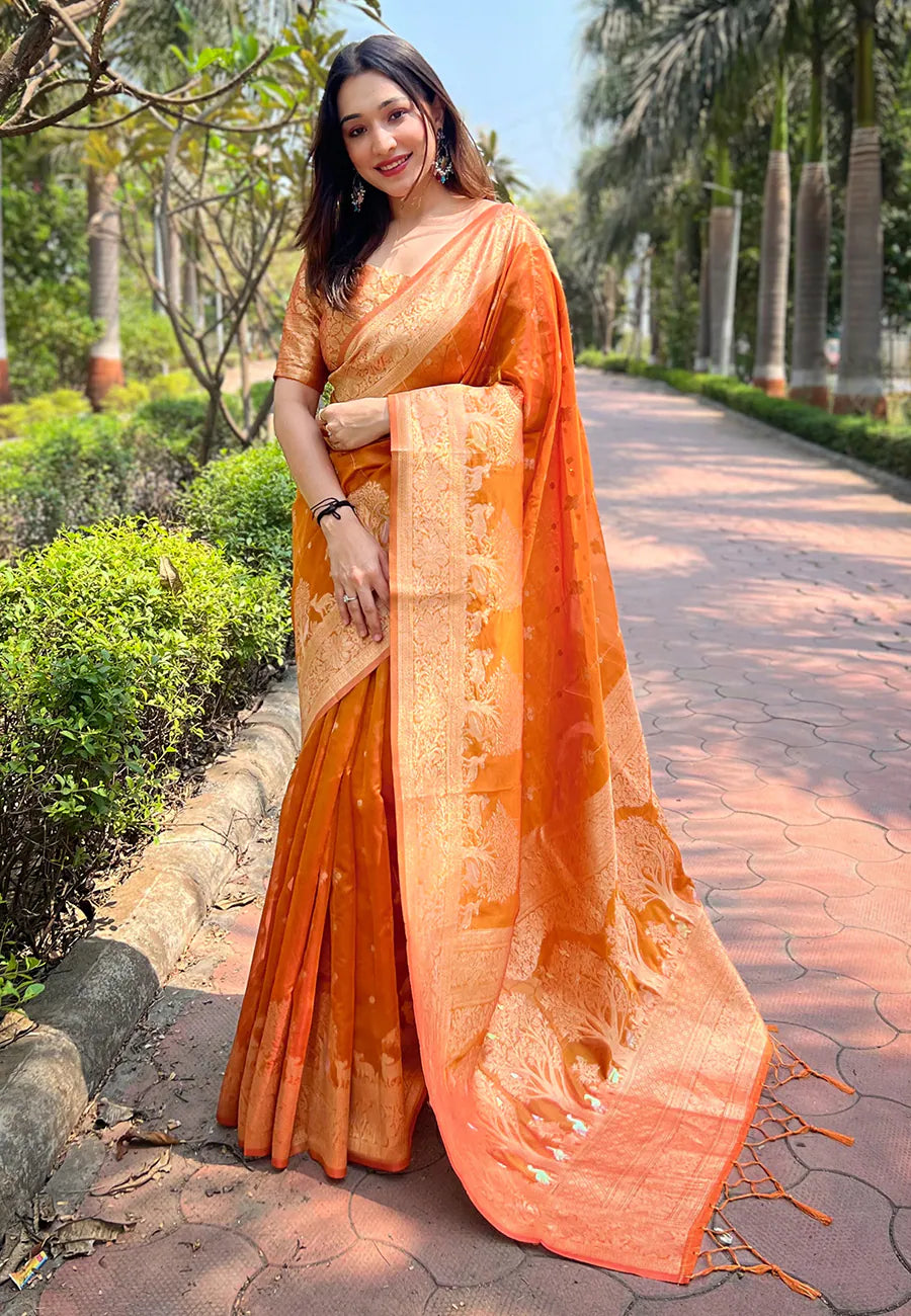 Orange Kanjeevaram Style Saree | Indian Wedding Sarees