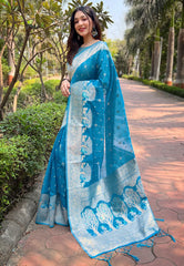 Womens Fashion Ethnic Kanjeevaram Blue Color Sarees-MLSHWSA1972BLU