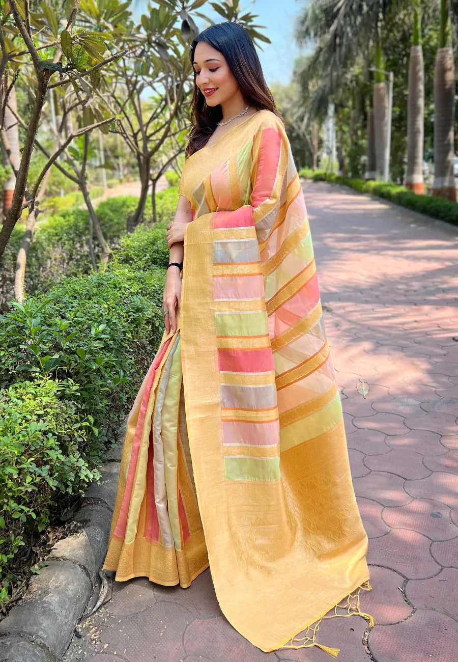 Yellow Kanjeevaram Style Indian Sari - Designer Sarees India