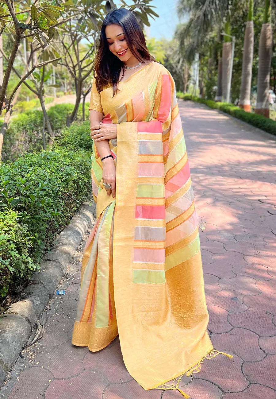 Yellow Kanjeevaram Style Indian Sari - Designer Sarees India