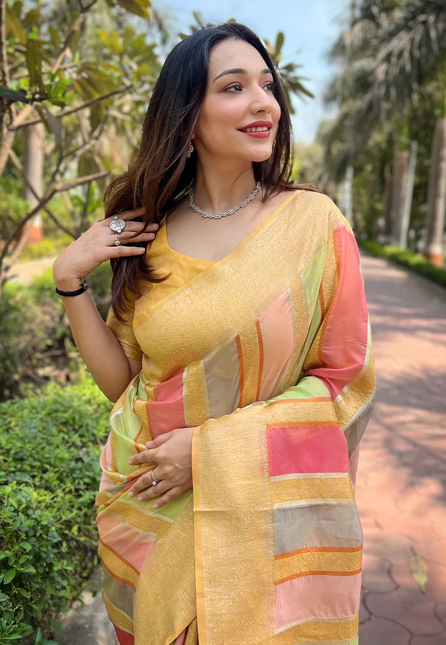 Yellow Kanjeevaram Style Indian Sari - Designer Sarees India