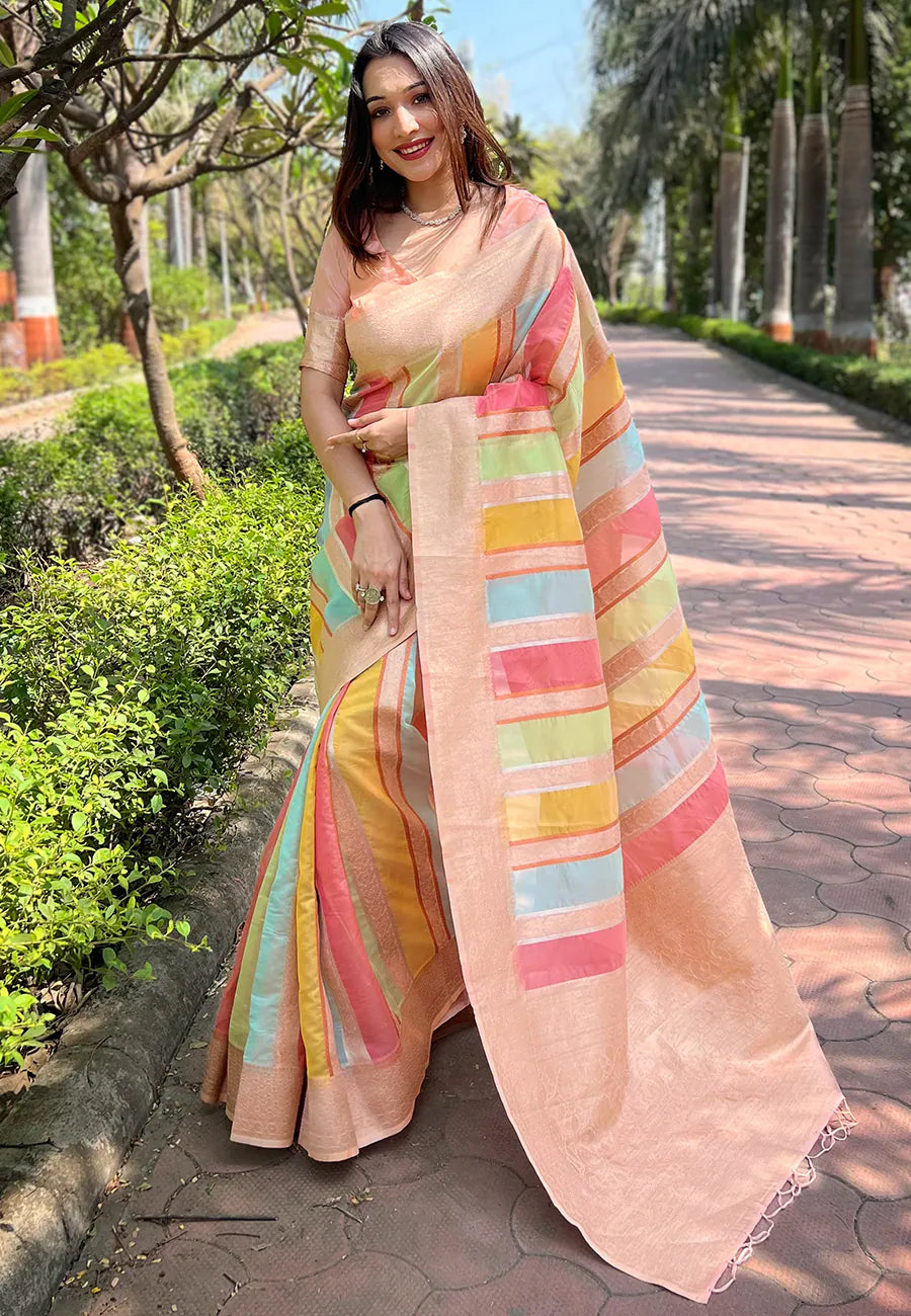 Peach Kanjeevaram Style Saree | Indian Sari Elegance