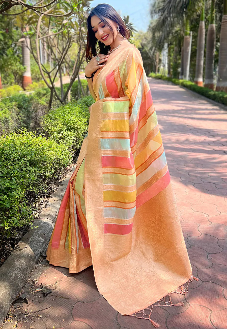 Peach Kanjeevaram Style Saree | Indian Sarees
