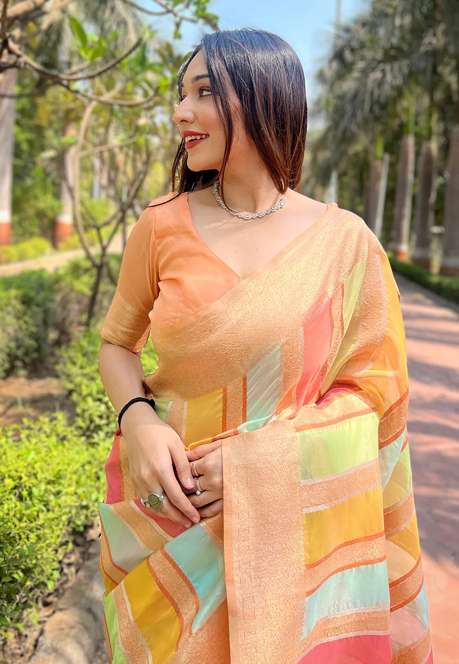 Peach Kanjeevaram Style Saree | Indian Sarees