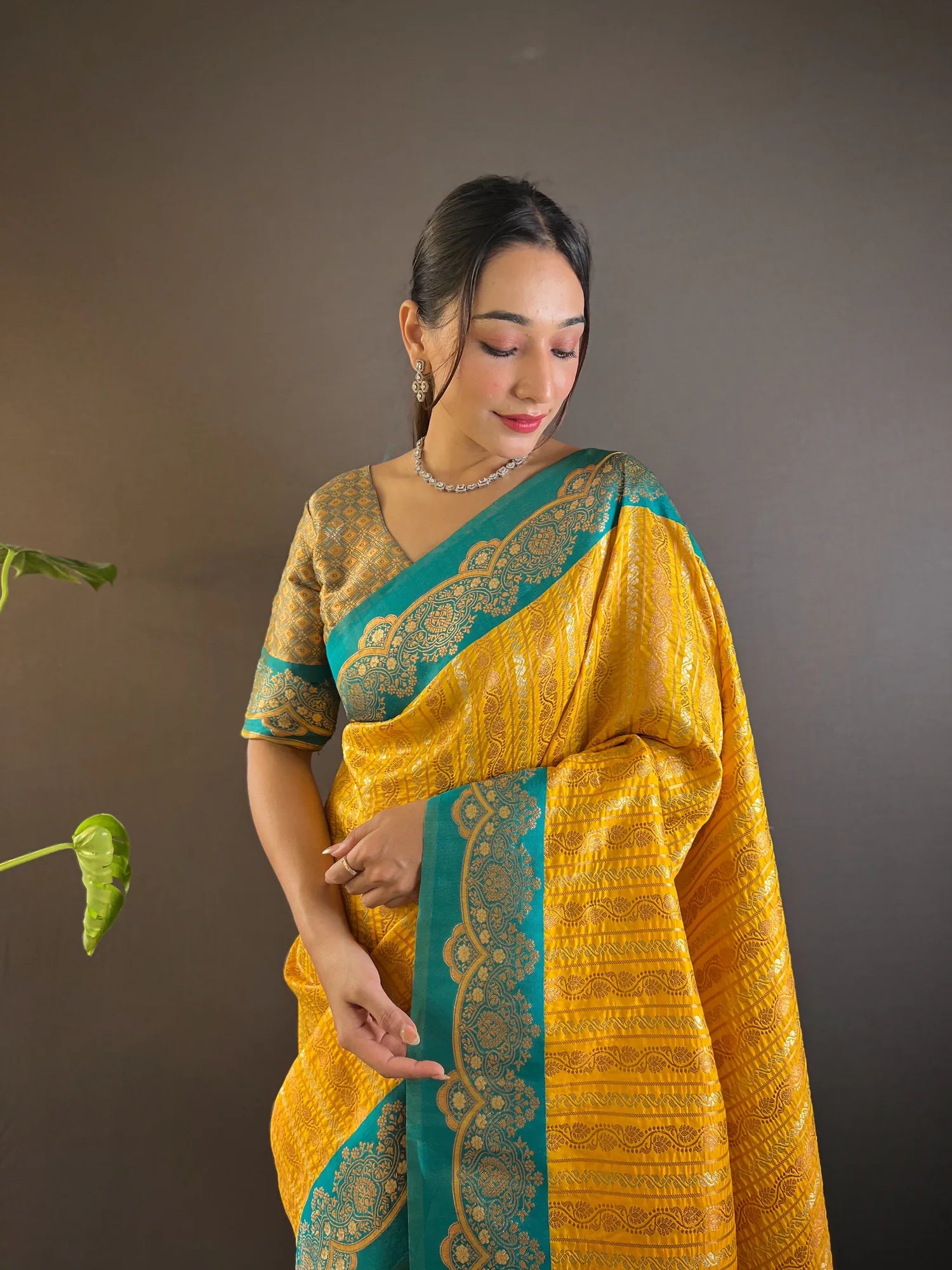 Yellow Kanjeevaram Style Indian Sari - Elegant Ethnic Saree