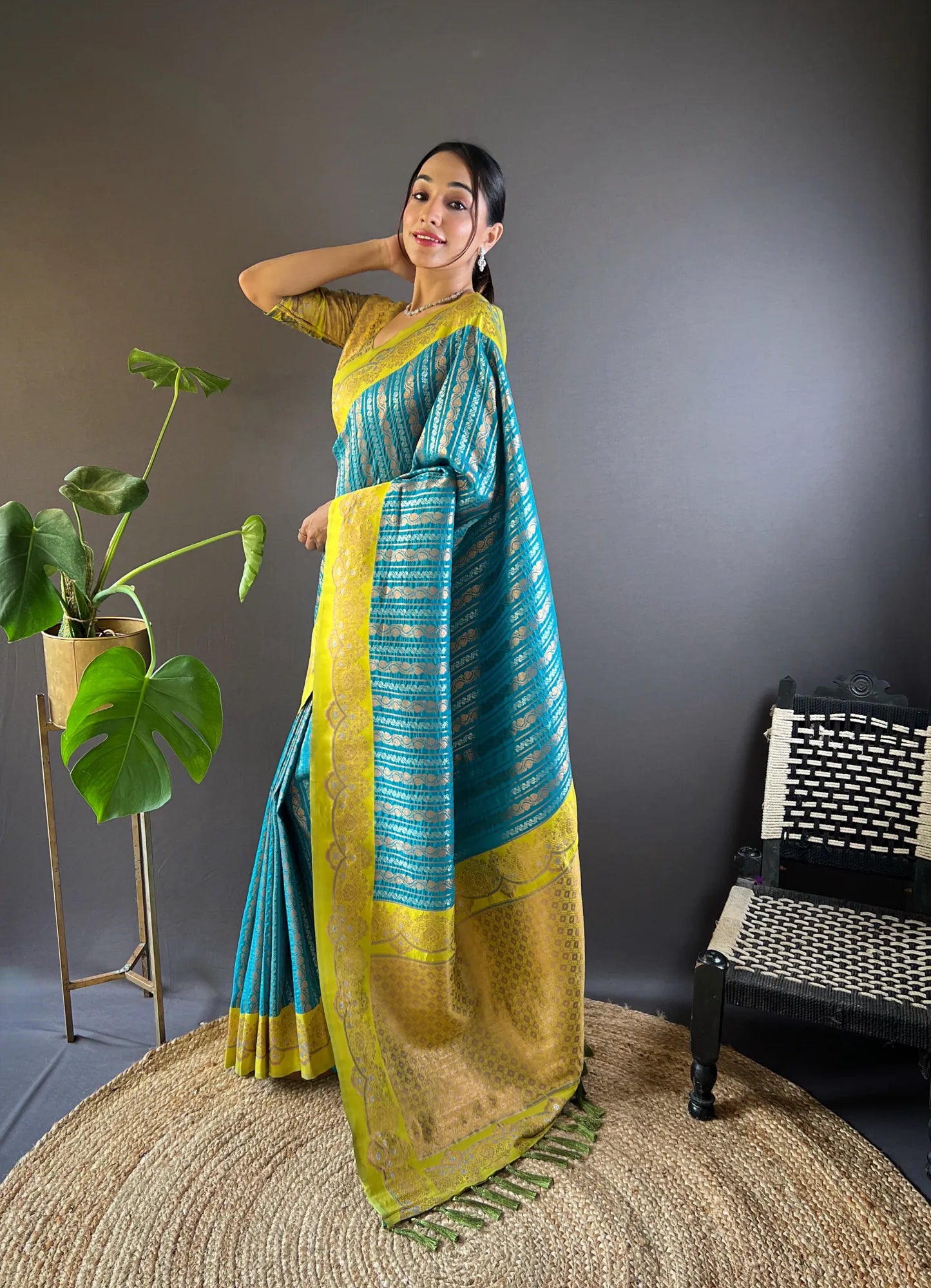 Blue Kanjeevaram Style Indian Sari - Ethnic Fashion