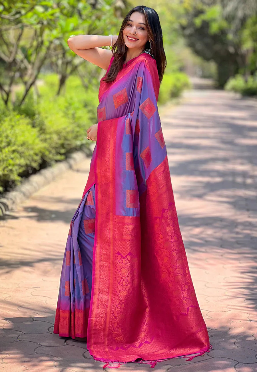 Purple Kanjeevaram Style Indian Sari - Ethnic Polyester Saree