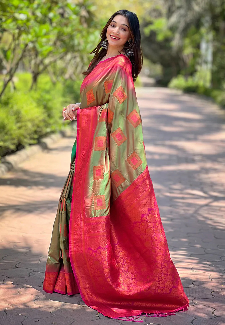 Green Kanjeevaram Style Indian Sarees - Woven Elegance
