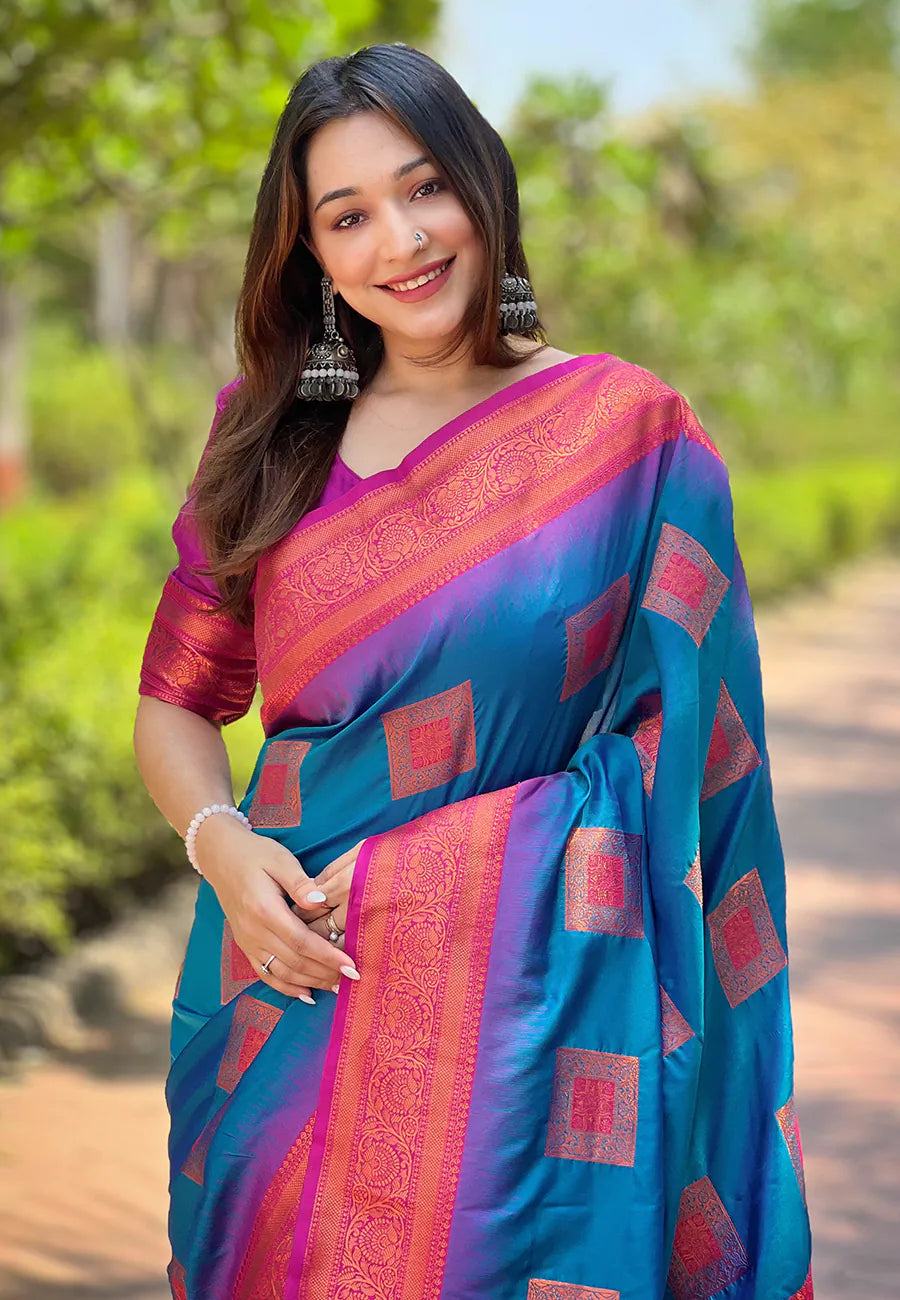Blue Kanjeevaram Style Indian Sari - Polyester Saree