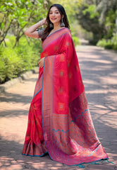 Womens Fashion Ethnic Kanjeevaram Red Color Sarees-MLSHWSA1839RED