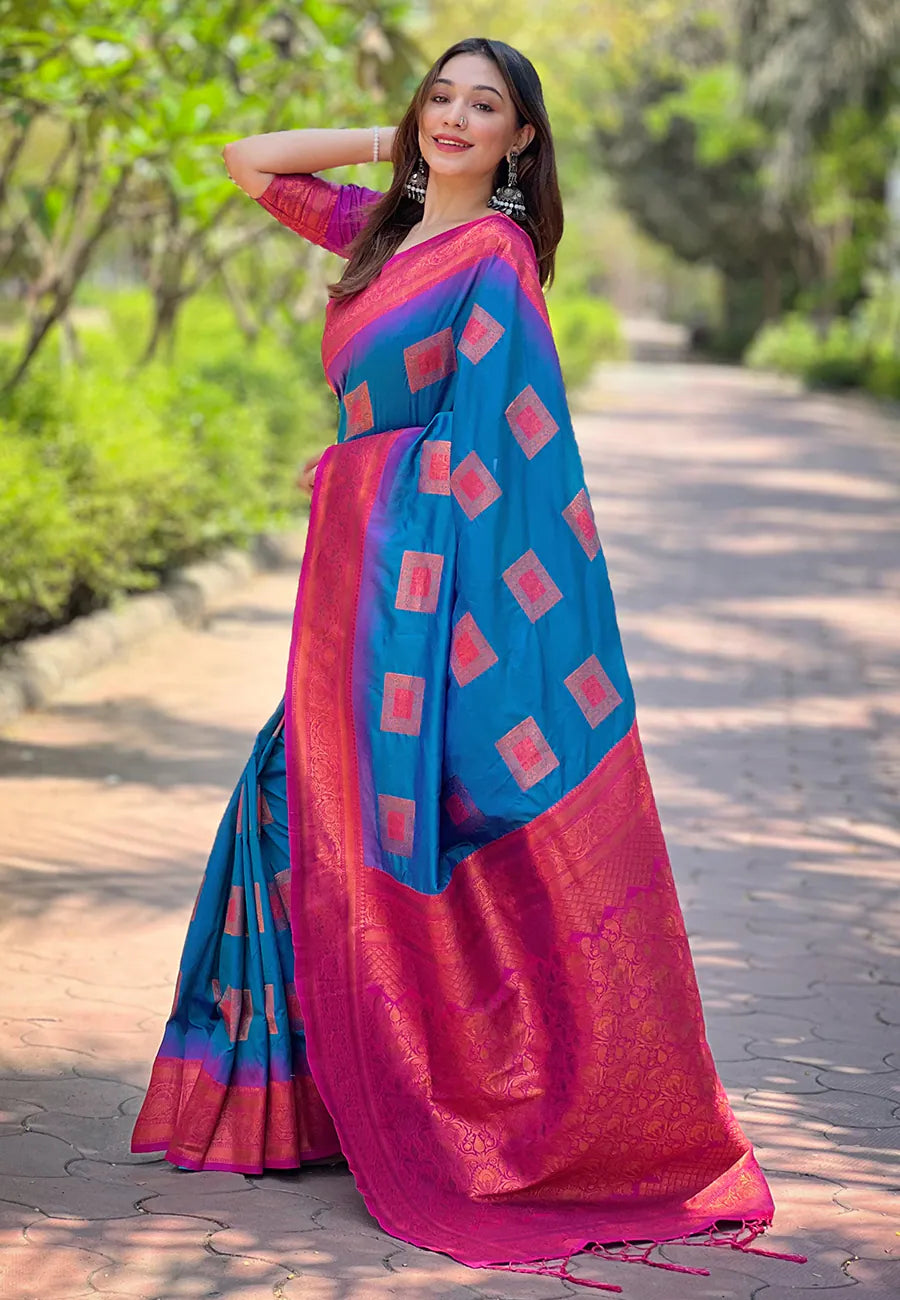 Blue Kanjeevaram Style Indian Sari - Polyester Saree