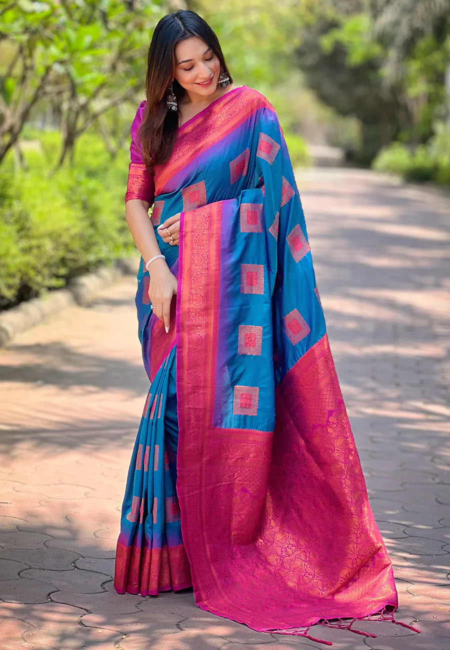 Blue Kanjeevaram Style Indian Sari - Polyester Saree