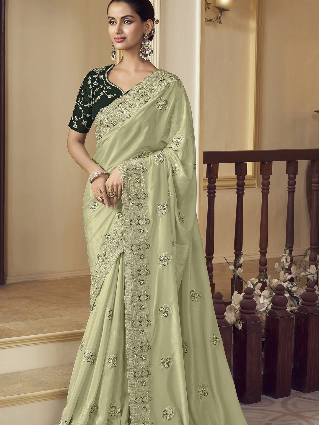 Green Embroidered Indian Sari - Fashion Saree