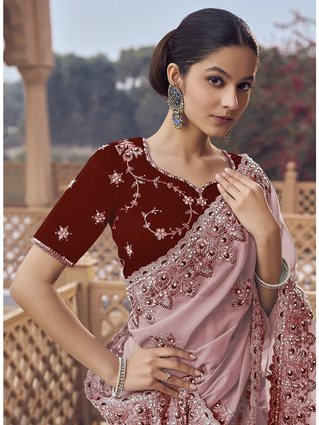 Pink Embroidered Organza Saree | Indian Sarees