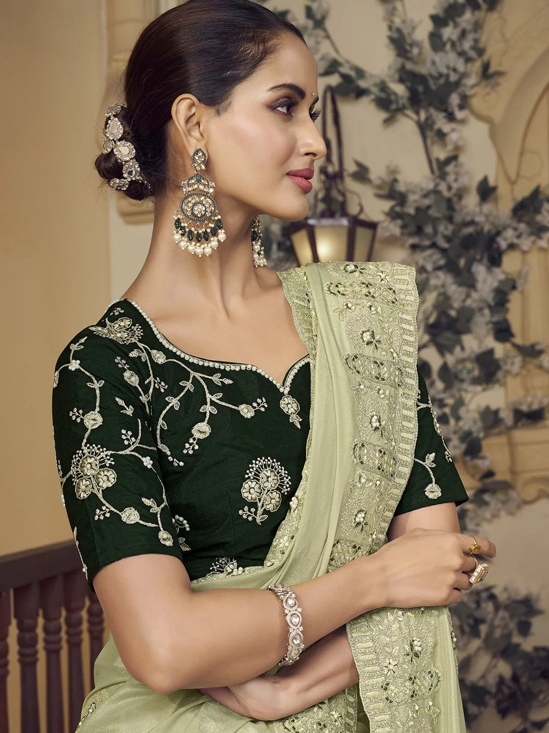 Green Embroidered Indian Sari - Fashion Saree