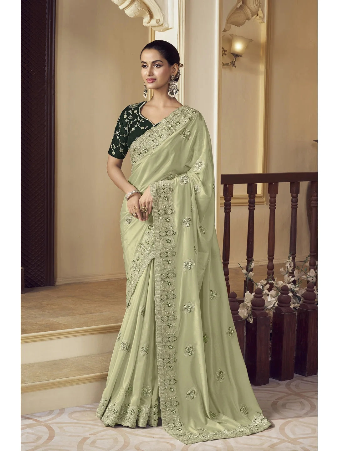 Green Embroidered Indian Sari - Fashion Saree