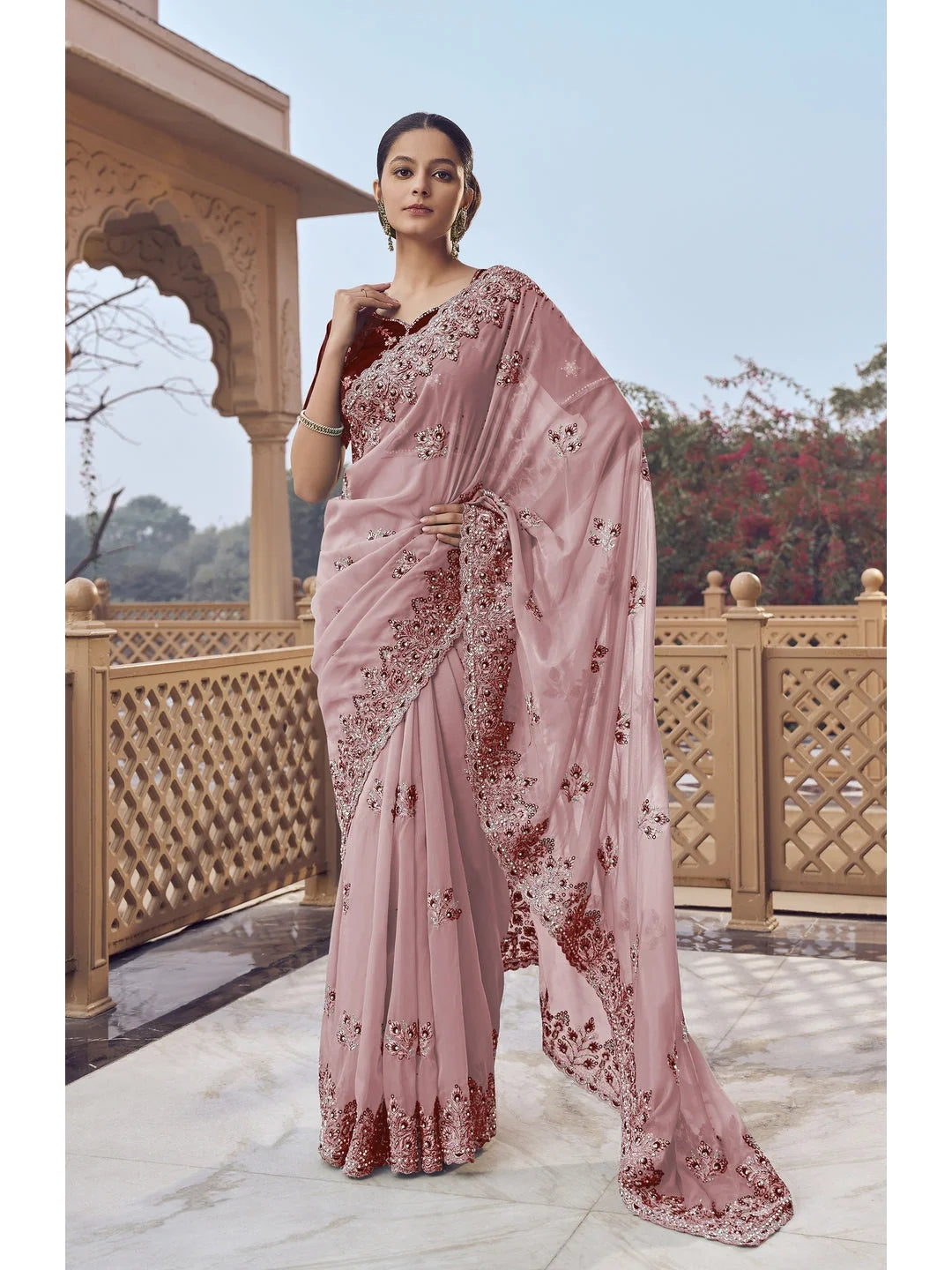 Pink Embroidered Organza Saree | Indian Sarees