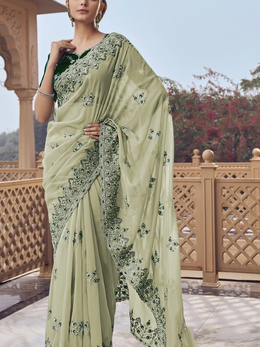 Green Embroidered Organza Saree | Timeless Indian Sari Elegance