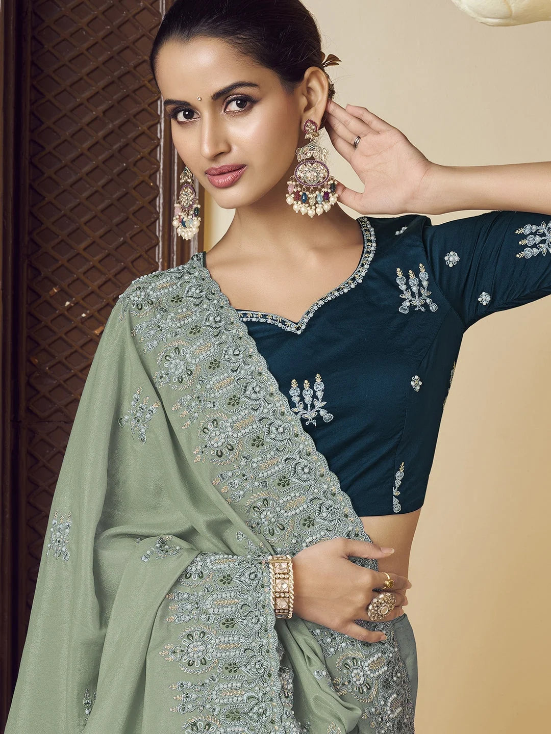 Green Embroidered Polyester Saree | Designer Sarees India