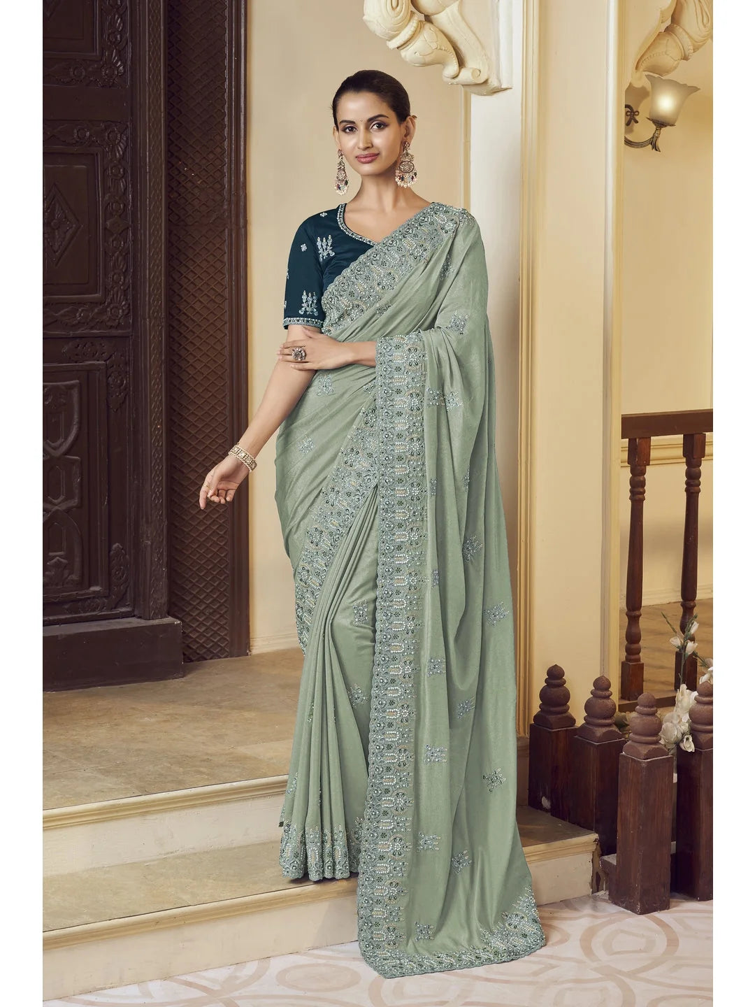 Green Embroidered Polyester Saree | Designer Sarees India