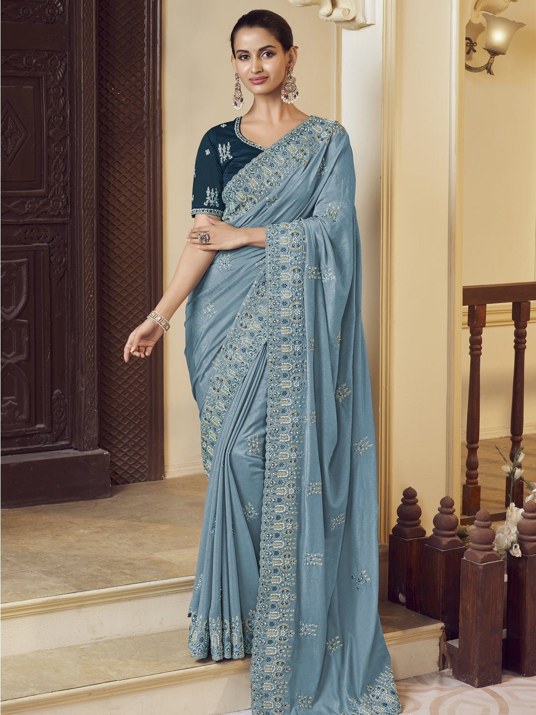 Grey Embroidered Saree | Indian Sarees - Elegant Polyester