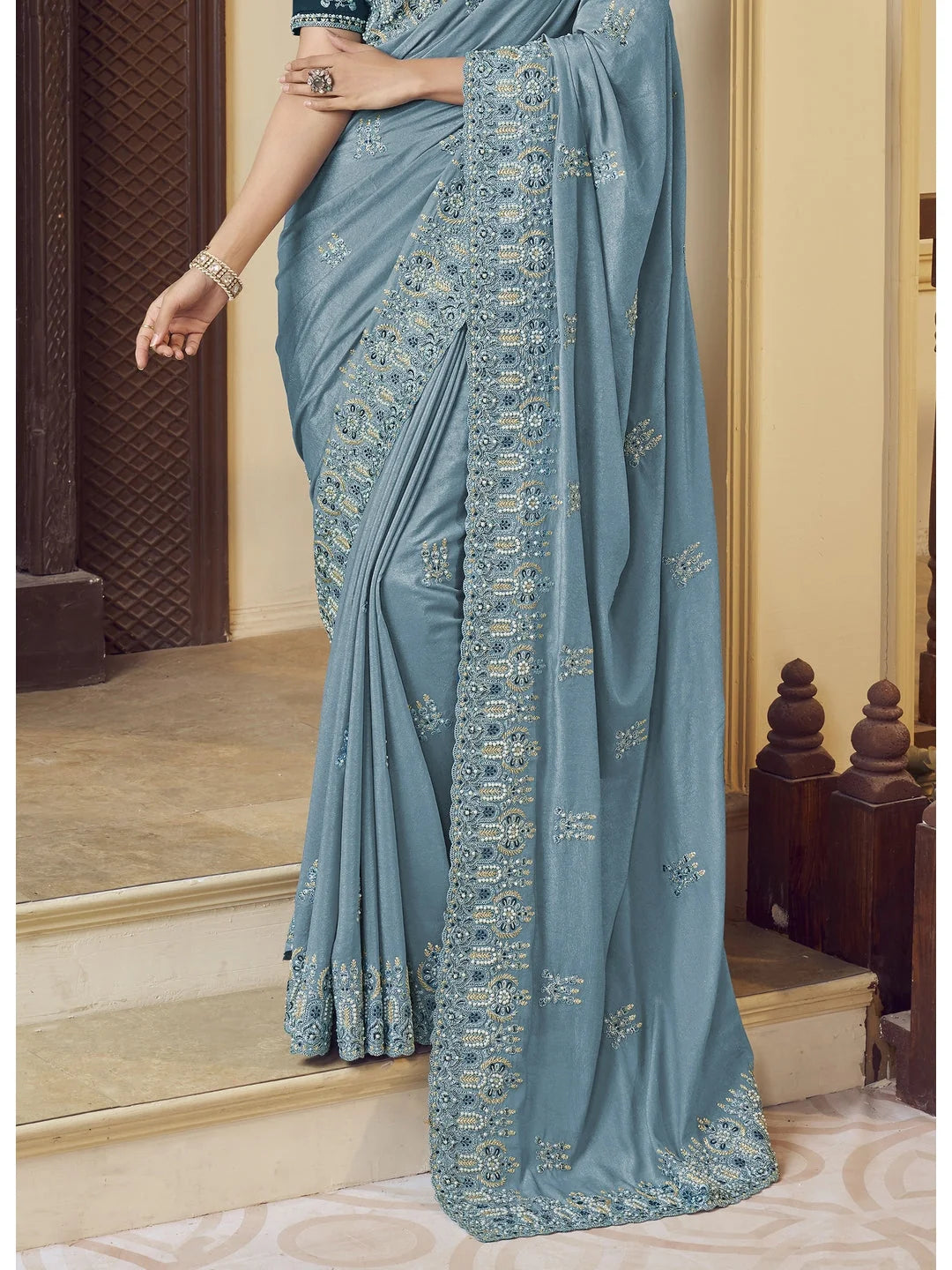 Grey Embroidered Saree | Indian Sarees - Elegant Polyester