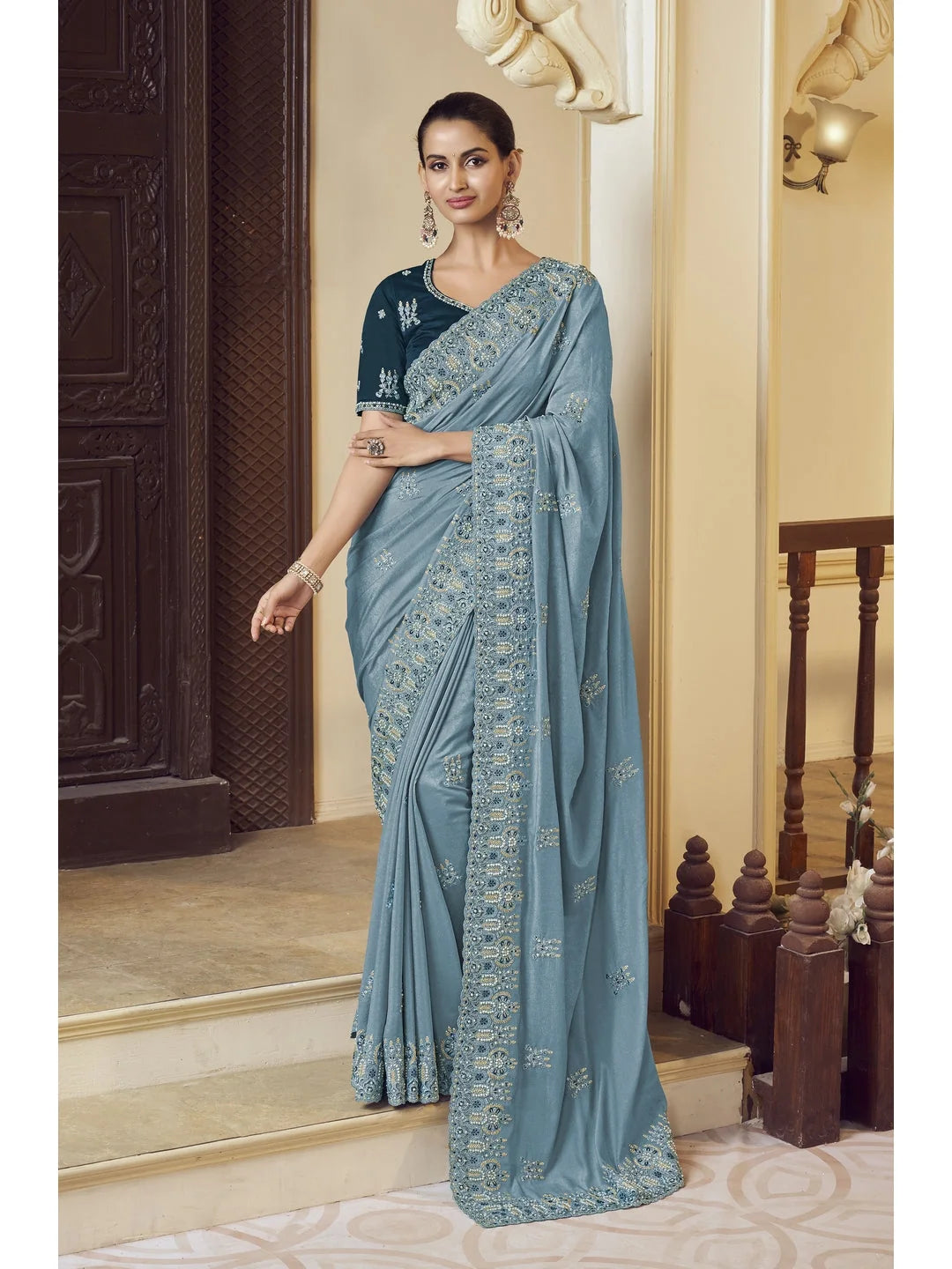 Grey Embroidered Saree | Indian Sarees - Elegant Polyester