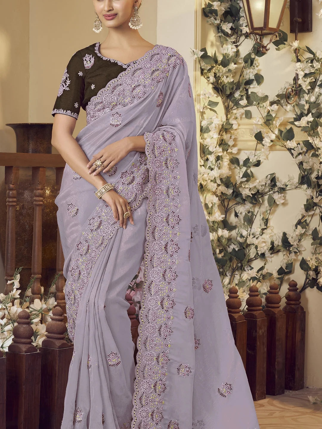 Purple Embroidered Organza Saree | Designer Sarees India