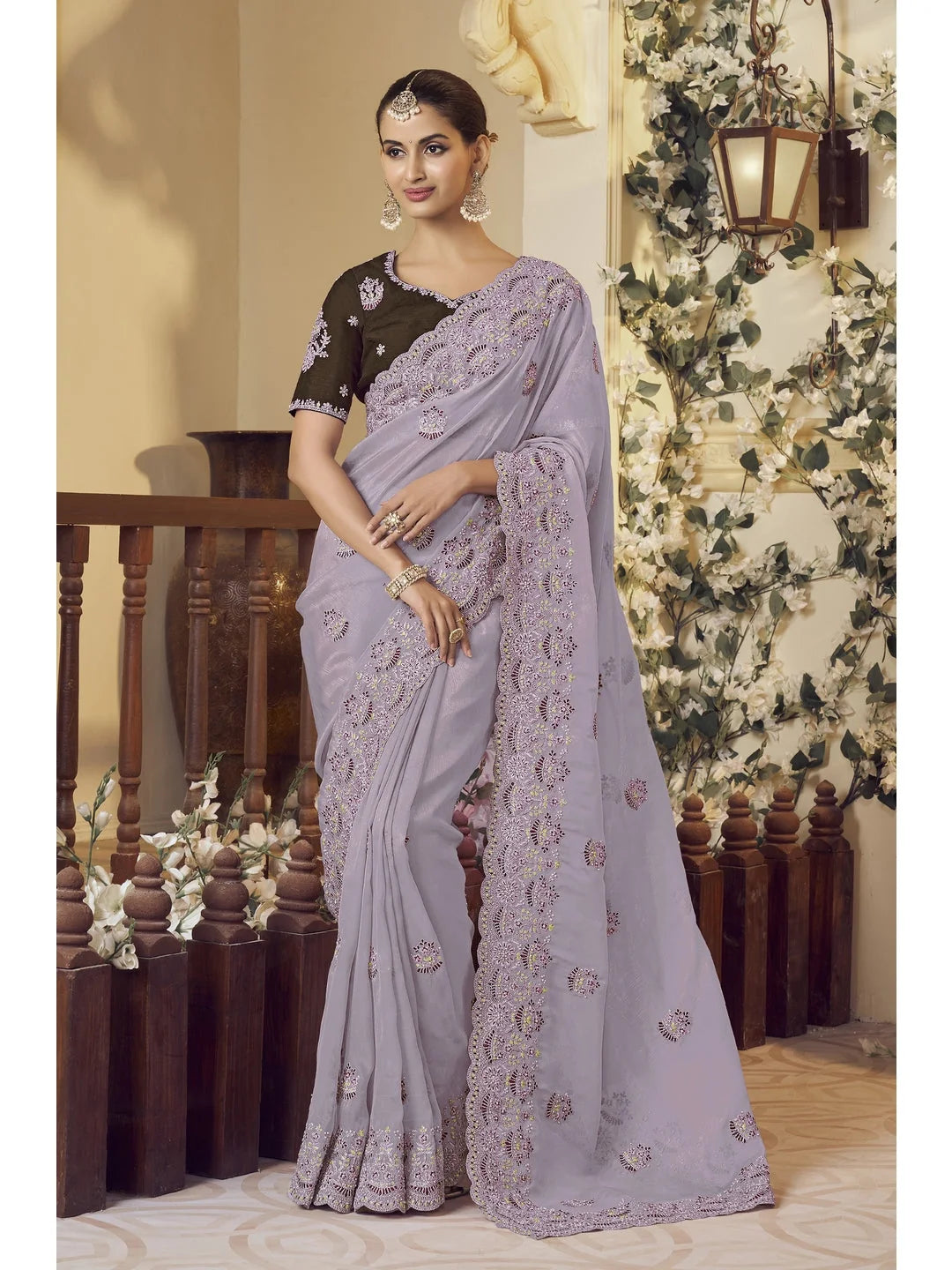 Purple Embroidered Organza Saree | Designer Sarees India