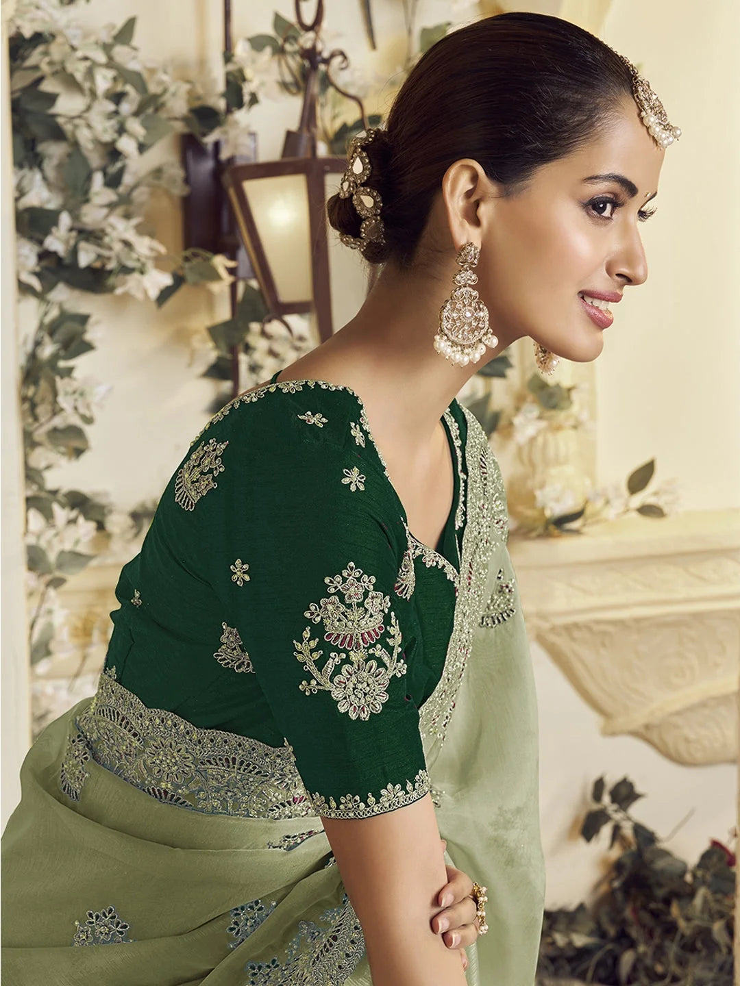 Elegant Green Embroidered Organza Saree | Designer Sarees India