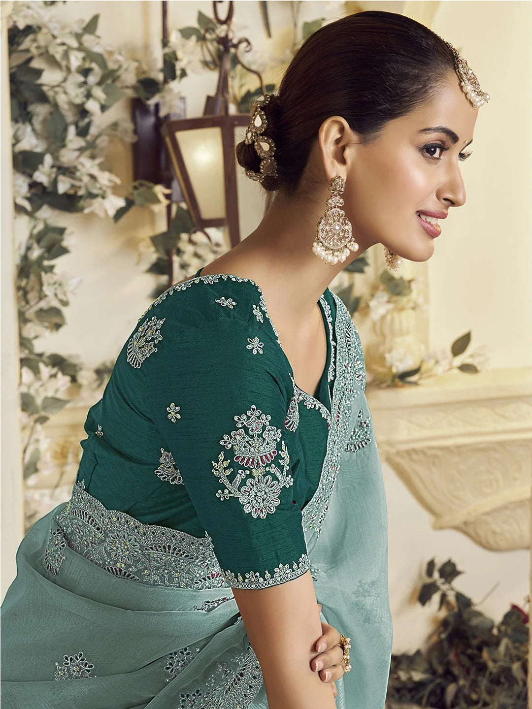 Blue Embroidered Organza Saree | Indian Sari Elegance