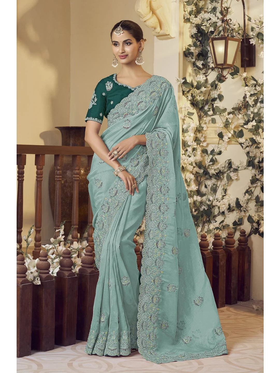 Blue Embroidered Organza Saree | Indian Sari Elegance