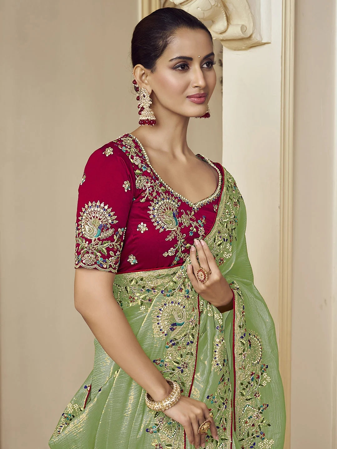 Green Paisley Polyester Saree | Indian Sarees