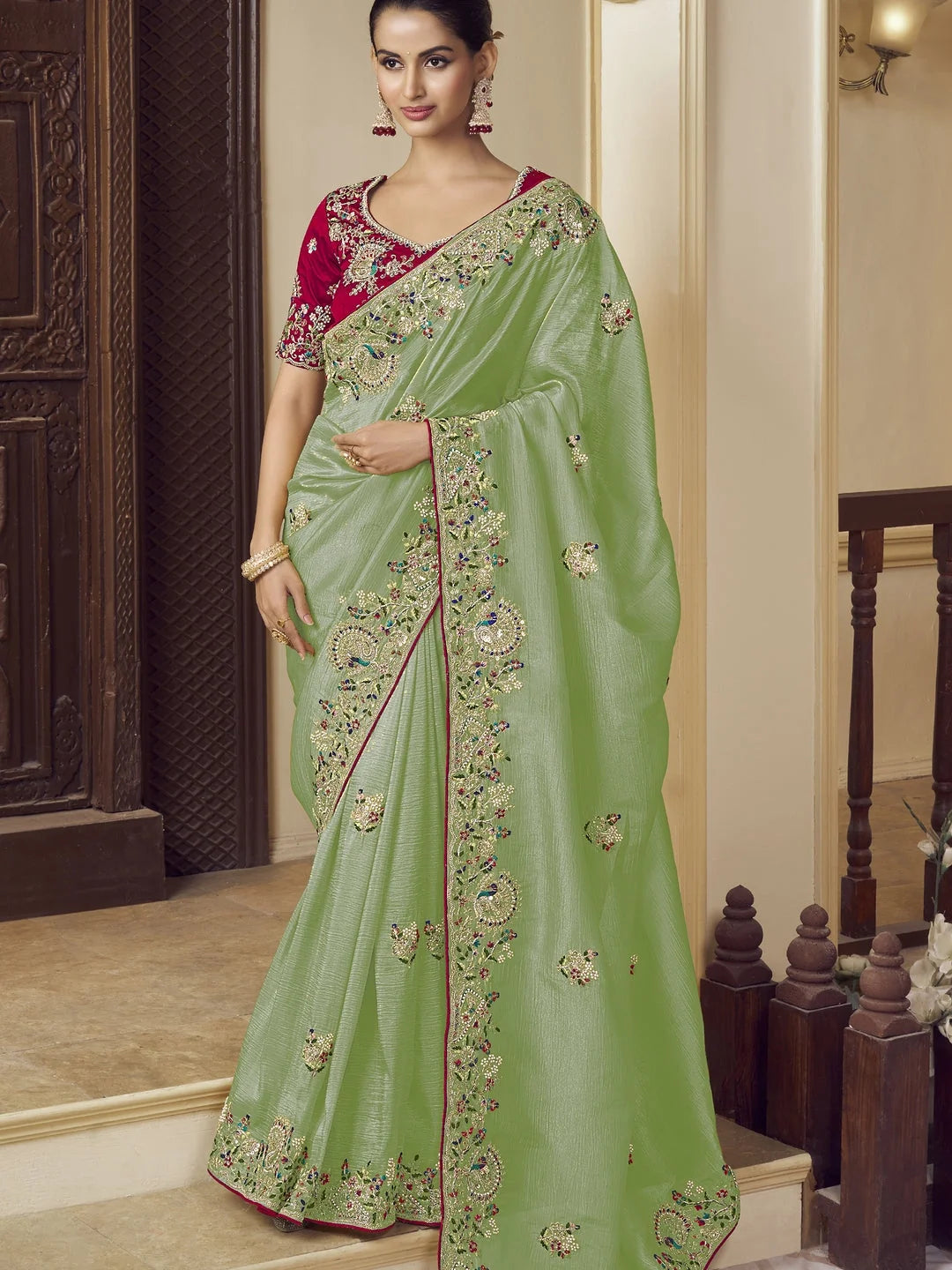 Green Paisley Polyester Saree | Indian Sarees