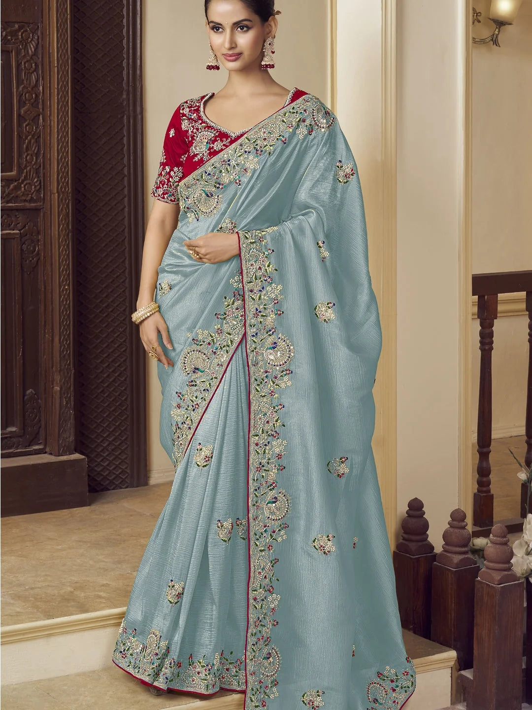 Turquoise Blue Polyester Indian Sari - Paisley Saree
