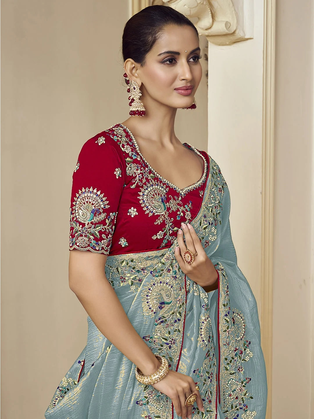 Turquoise Blue Polyester Indian Sari - Paisley Saree