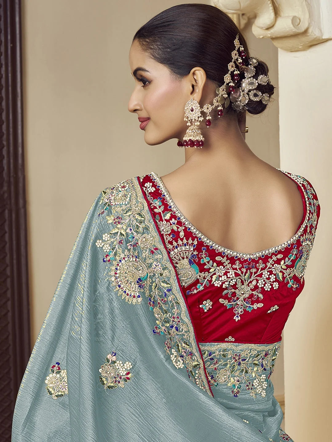 Turquoise Blue Polyester Indian Sari - Paisley Saree