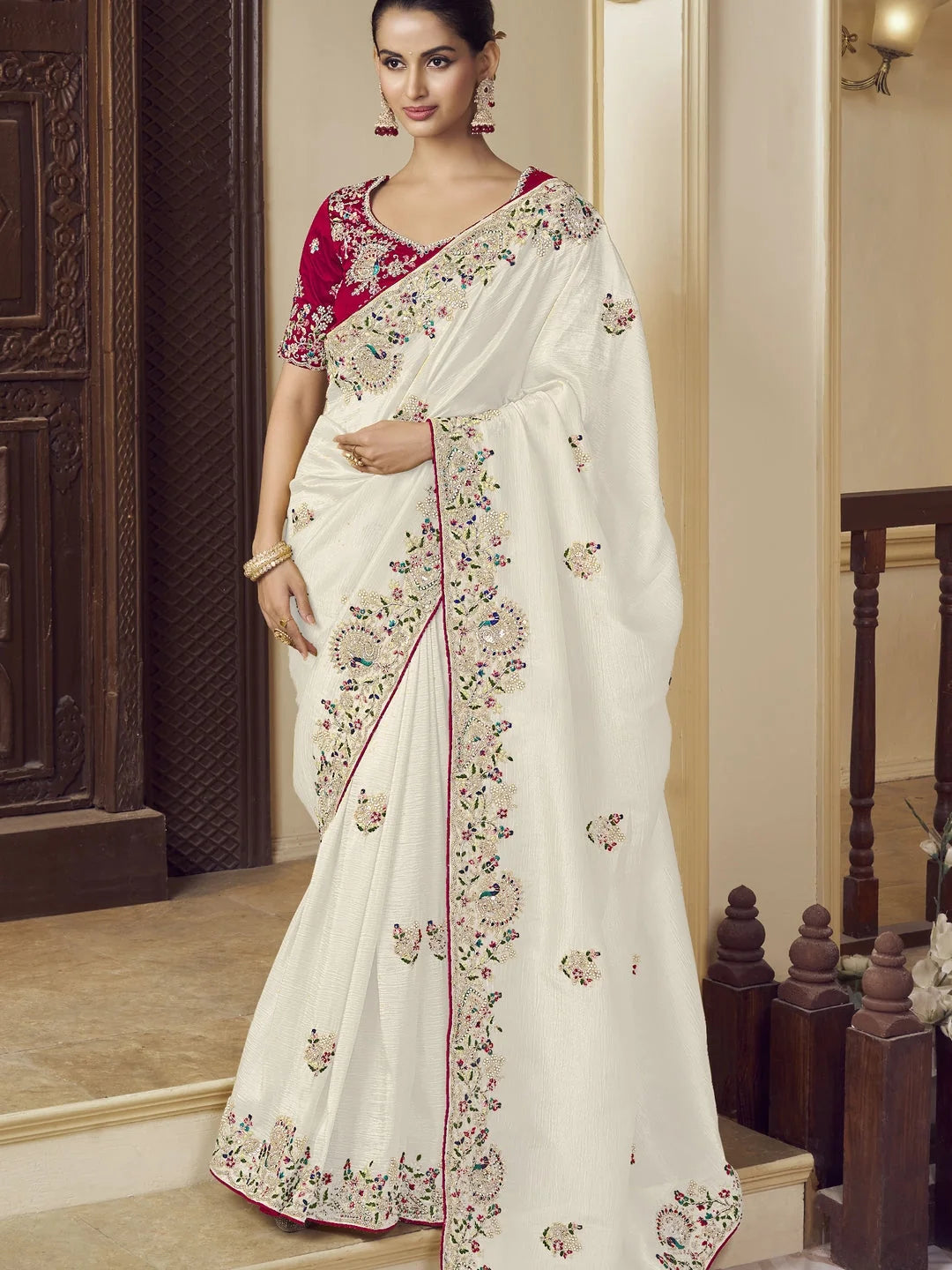 White Paisley Saree - Indian Sari Elegance