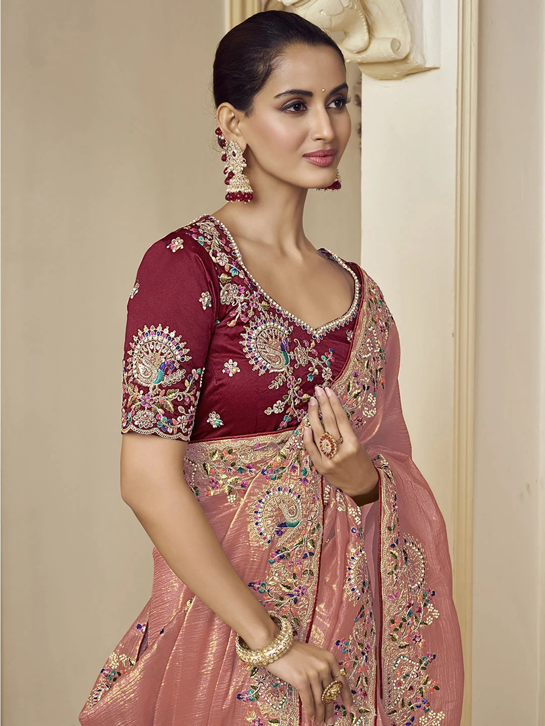 Pink Paisley Polyester Indian Sari | Premium Ethnic Saree