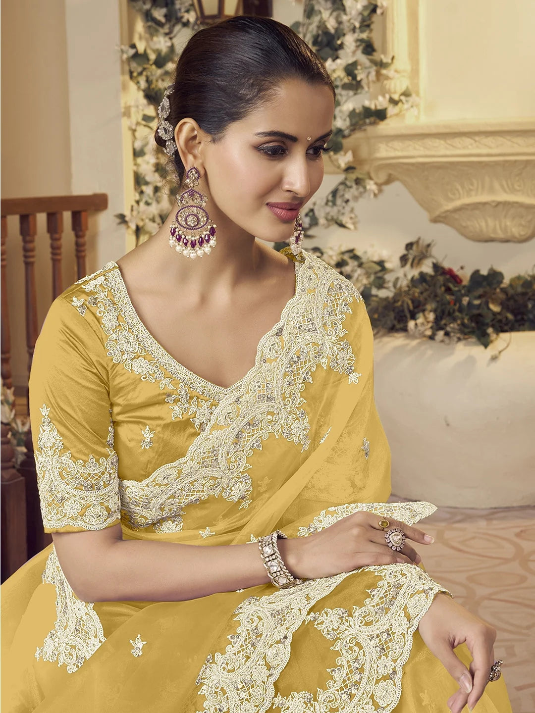 Yellow Paisley Polyester Saree | Designer Sarees India
