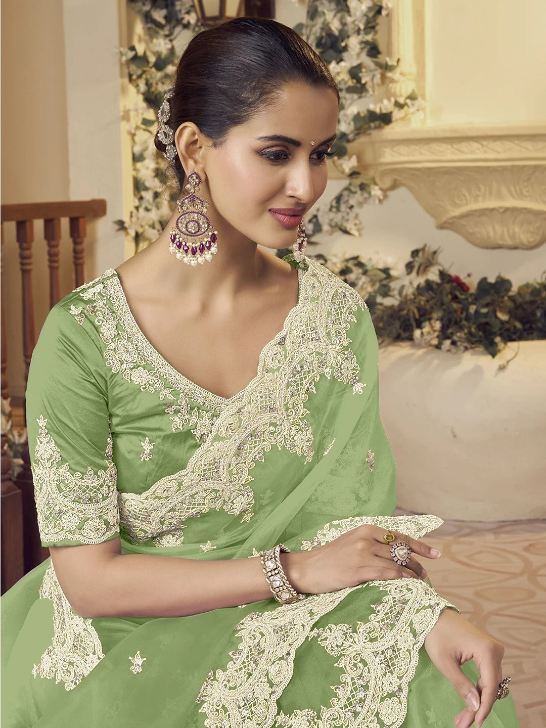 Green Paisley Polyester Saree | Designer Sarees India