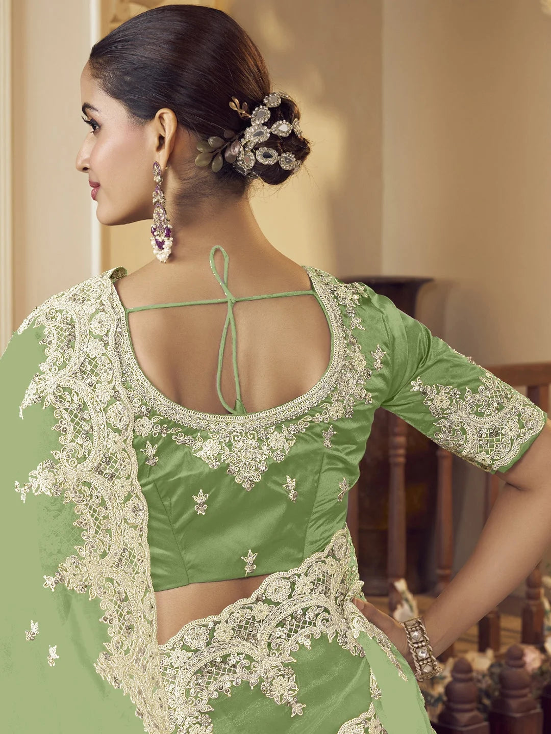 Green Paisley Polyester Saree | Designer Sarees India