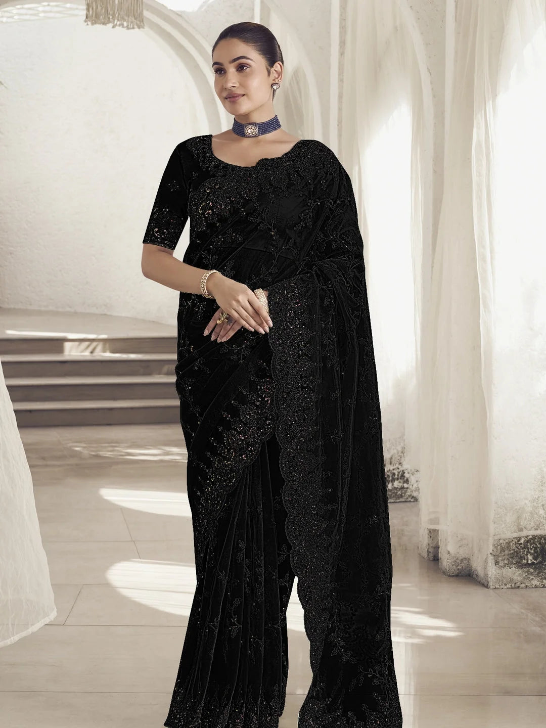 Black Paisley Polyester Saree | Indian Sarees Online