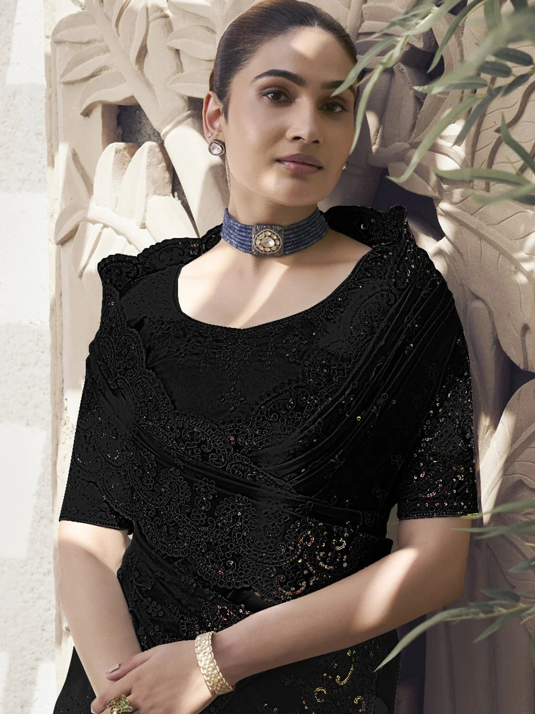 Black Paisley Polyester Saree | Indian Sarees Online