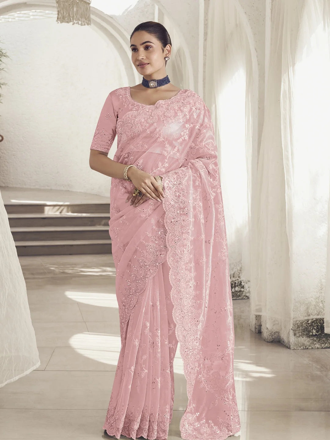 Pink Paisley Polyester Saree | Indian Wedding Sarees
