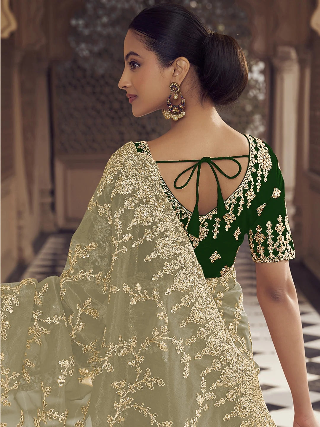 Green Polyester Saree - Modern Indian Sari Elegance