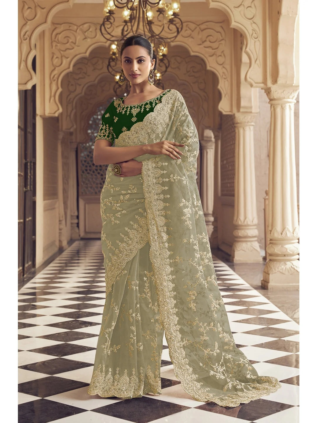 Green Polyester Saree - Modern Indian Sari Elegance