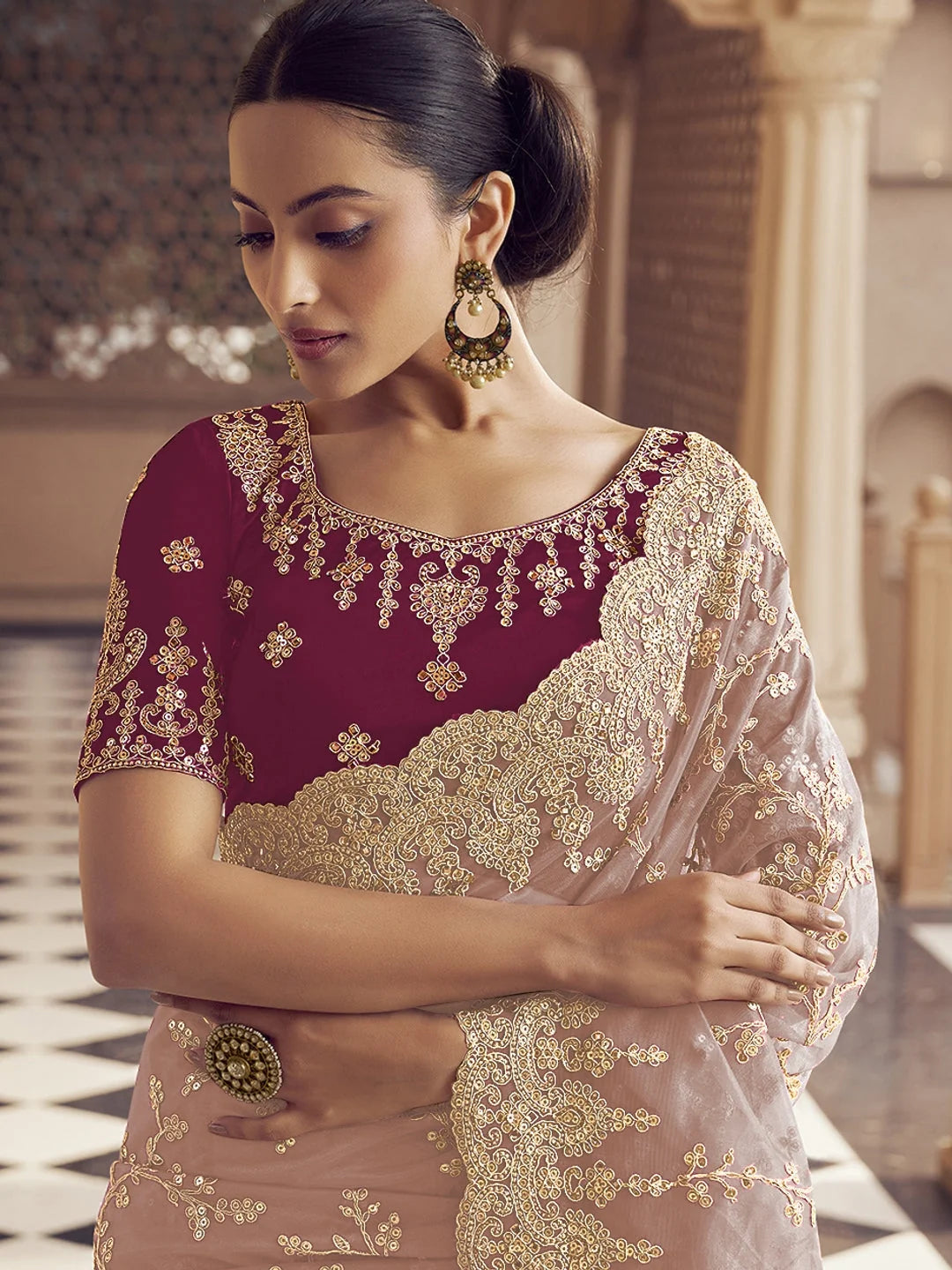 Peach Polyester Saree - Indian Sarees Designer Collection